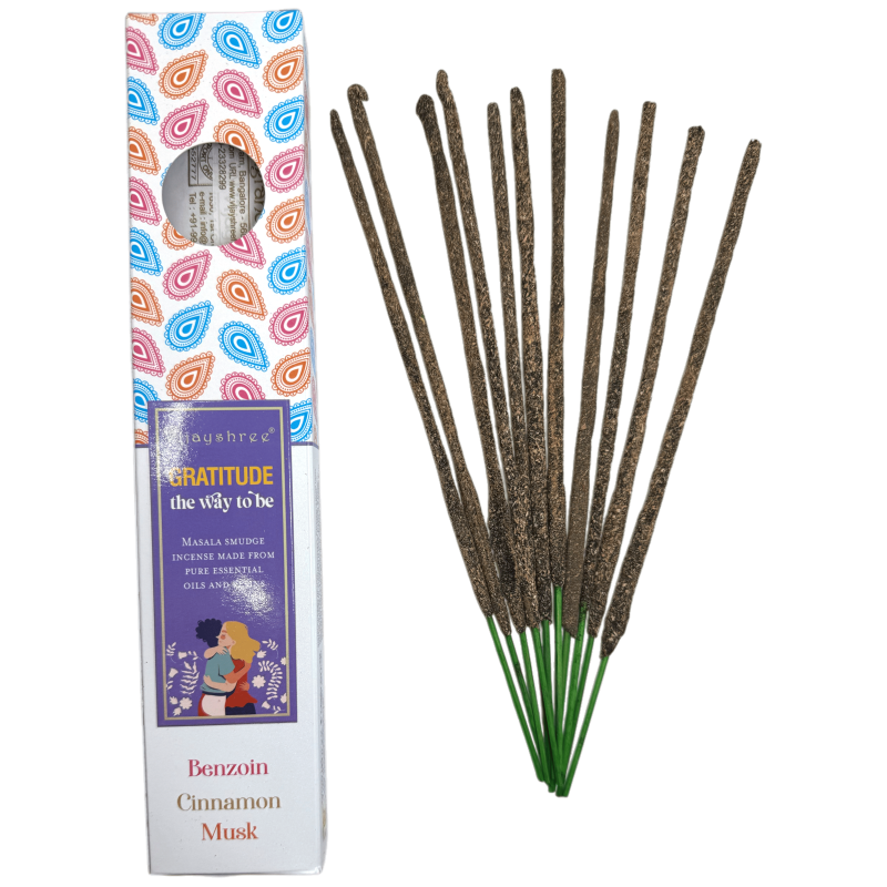Gratitude Organiczne kadzidło Błogie mieszanki Vijayshree Benzoes, Cynamon i Piżmo - pudełko 25gr.-Błogie mieszanki kadzideł Vijayshree-HOSTENATURA