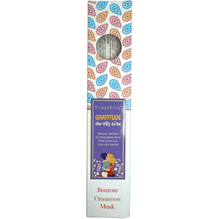 Incienso orgánico Gratitud Blissful Blends Vijayshree Benjuí, Canela y Almizcle - Cajita de 25gr.