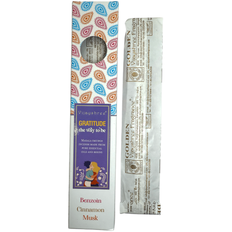 Gratitude Tămâie organică Amestecuri Fericite Vijayshree Benzoin, Scorțișoară și Mosc - Cutie de 25gr.