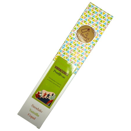 Incienso orgánico Vibraciones Positivas Blissful Blends Vijayshree Sándalo, Vainilla y Copal - Cajita de 25gr.