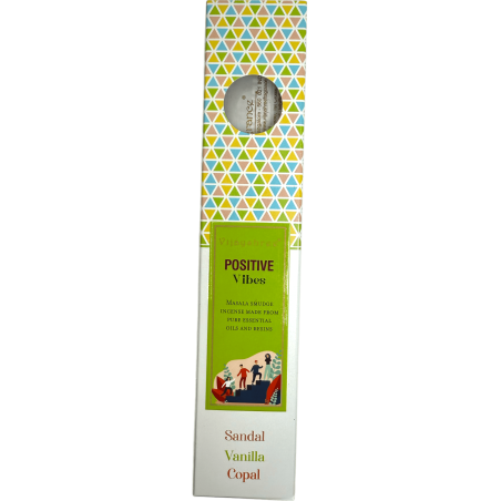 Incienso orgánico Vibraciones Positivas Blissful Blends Vijayshree Sándalo, Vainilla y Copal - Cajita de 25gr.