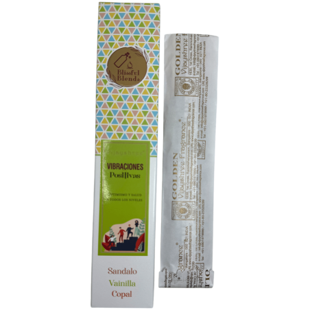Incienso orgánico Vibraciones Positivas Blissful Blends Vijayshree Sándalo, Vainilla y Copal - Cajita de 25gr.