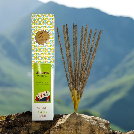 Incienso orgánico Vibraciones Positivas Blissful Blends Vijayshree Sándalo, Vainilla y Copal - Cajita de 25gr.