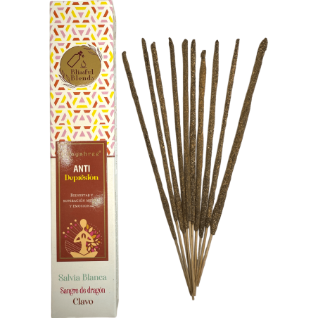 Incienso orgánico Anti Depresión Blissful Blends Vijayshree Salvia Blanca, Sangre de Dragón y Clavo - Cajita de 25gr.