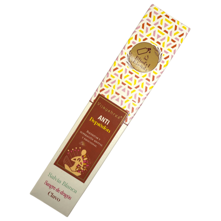 Incienso orgánico Anti Depresión Blissful Blends Vijayshree Salvia Blanca, Sangre de Dragón y Clavo - Cajita de 25gr.
