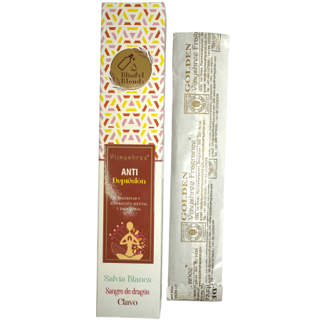 Incienso orgánico Anti Depresión Blissful Blends Vijayshree Salvia Blanca, Sangre de Dragón y Clavo - Cajita de 25gr.
