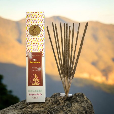 Inciens orgànic Anti Depressió Blissful Blends Vijayshree Salvia Blanca, Sang de Drac i Clau - Caixeta de 25gr.