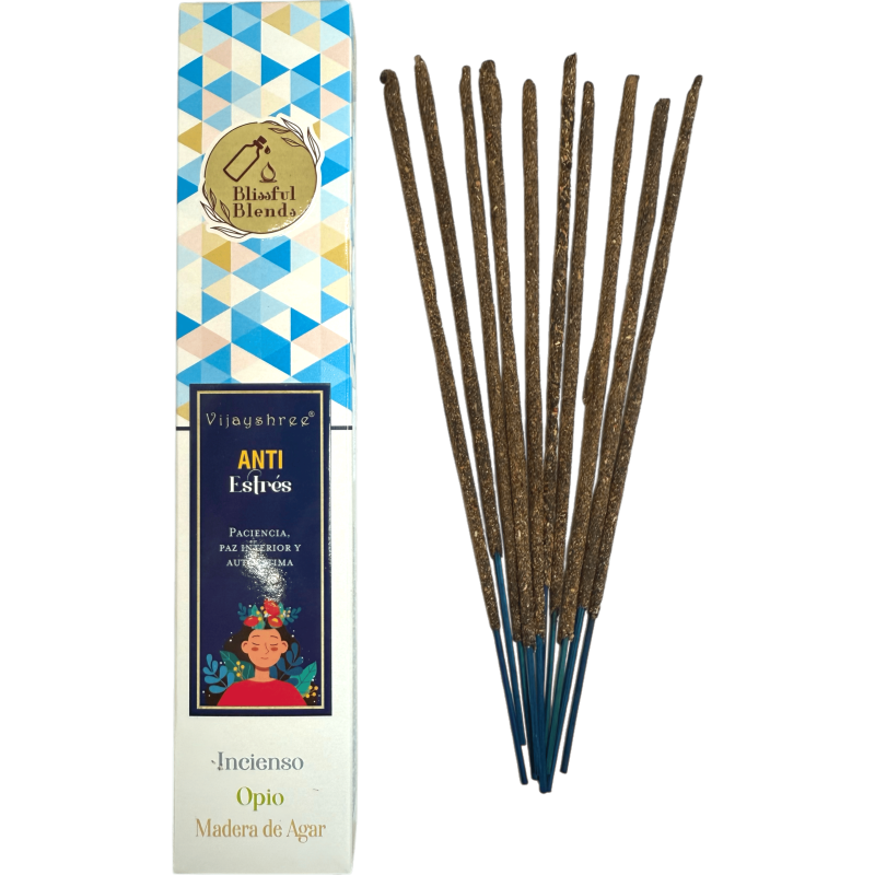 Incienso orgánico Anti Estrés Blissful Blends Vijayshree Incienso, Opio y Madera de Agar - Cajita de 25gr.-Incienso Blissful Blends Vijayshree-HOSTENATURA