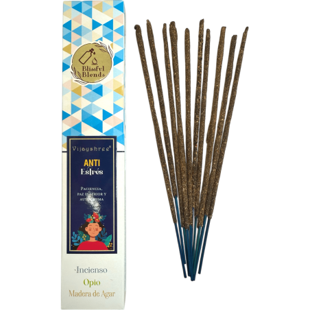 Incienso orgánico Anti Estrés Blissful Blends Vijayshree Incienso, Opio y Madera de Agar - Cajita de 25gr.