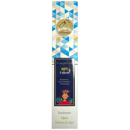 Incienso orgánico Anti Estrés Blissful Blends Vijayshree Incienso, Opio y Madera de Agar - Cajita de 25gr.