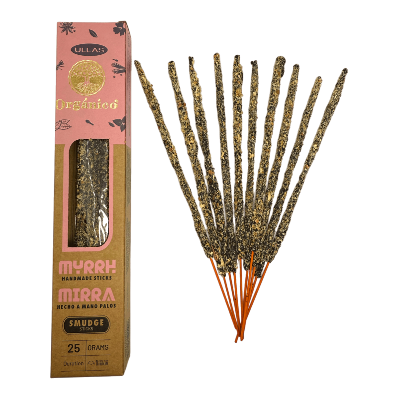 Kadzidło z mirrą Ullas - Mirra - ULLAS - Ręcznie robione - 25gr - Wyprodukowano w Indiach - 100% naturalne - Kadzidło organiczne-Węgiel organiczny-HOSTENATURA