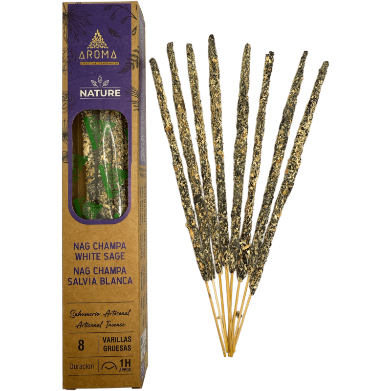 بخور ناغ شامبا العضوي AROMA البيضاء الطبيعية - 8 أعواد، مدة الصلاحية ساعة واحدة-عطور عطرية طبيعية من البخور العضوي-HOSTENATURA