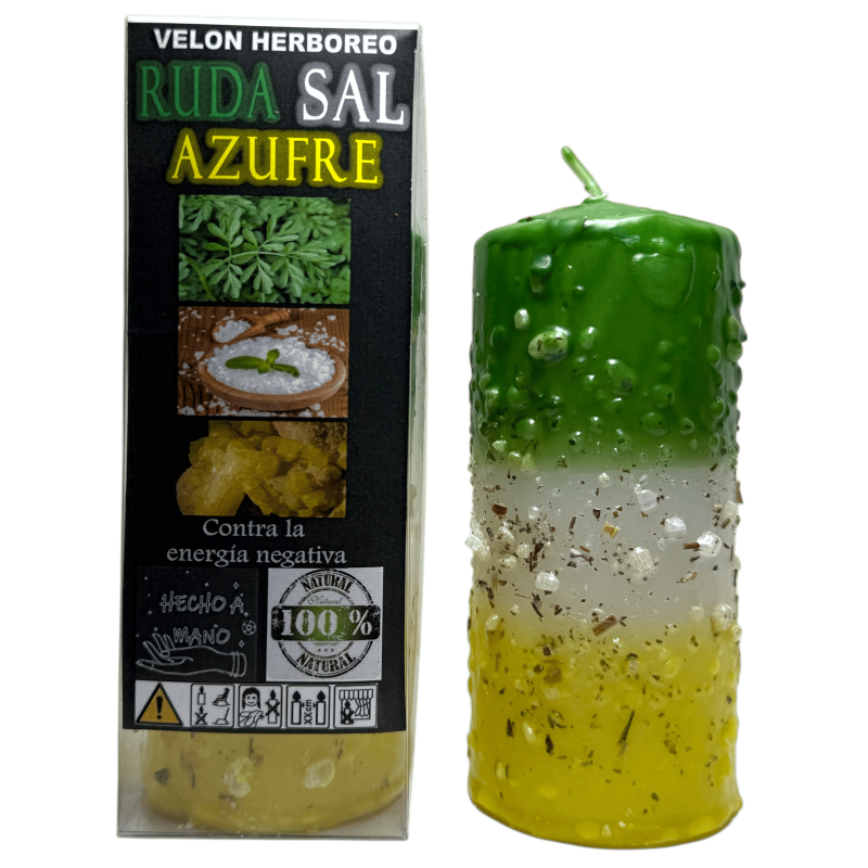Velón Herboreo Ruda, Sal y Azufre - Velón Esotérico 14x6cm - Contra las energías negativas-Velones Herboreos con Propósito - Velones Esotéricos-HOSTENATURA