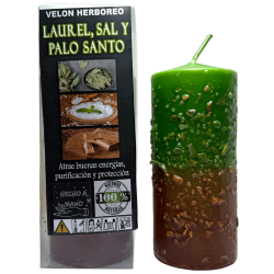 Velón Herboreo Laurel, Sal y Palo Santo - Velón Esotérico 14x6cm - Atraer buenas energías, purificación y protección