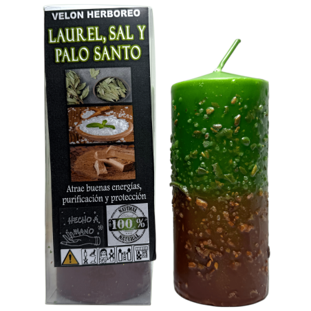 Candela alle erbe con alloro, sale e palo santo - Candela esoterica 14x6 cm - Attrae energie positive, purificazione e protezion