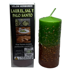 Velón Herboreo Laurel, Sal y Palo Santo - Velón Esotérico 14x6cm - Atraer buenas energías, purificación y protección