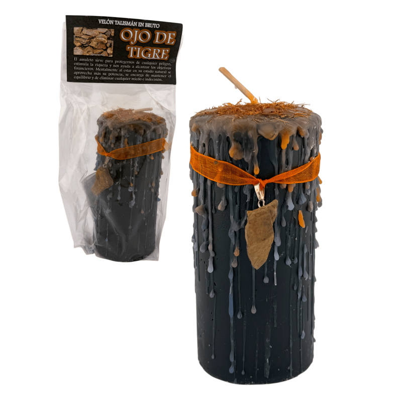 Vela Talismã Olho de Tigre - Vela Esotérica com Amuleto Especial 14x6cm - Proteção, Confiança e Força Interior-Velas Talismã - Velas Esotéricas-HOSTENATURA
