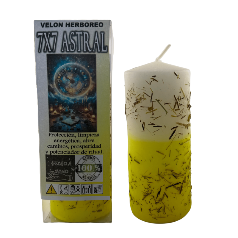 Bougie Herbes 7x7 Astral - Bougie Ésotérique 14x6cm - Protection, Purification, Ouverture des Chemins, Prospérité...-Bougies à base de plantes avec un but précis - Bougies ésotériques-HOSTENATURA