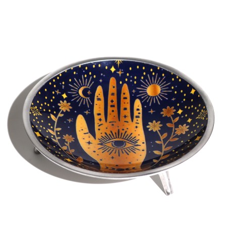 Plato de Ofrenda Esmaltado Tres Patas Hamsa Azul Medianoche 16cm