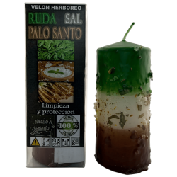 Velón Herboreo Ruda, Sal y Palo Santo - Velón Esotérico 14x6cm - Limpieza y Protección