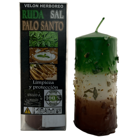 Velón Herboreo Ruda, Sal y Palo Santo - Velón Esotérico 14x6cm - Limpieza y Protección