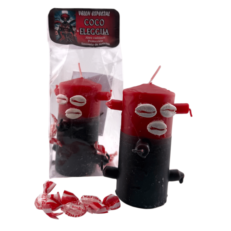 Świeca z 7 knotami, specjalna kokosowa Eleggua, 12,5 x 6 cm - Otwiera ścieżki, Ochrona, Posłaniec wiadomości...-Świece i świeczniki 7-knotowe - Puck Candles-HOSTENATURA