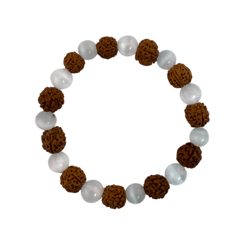 Natural Rudraksha Bracelet with 8mm Selenite - Cleansing and Positive Energy-ENERGY BRACELETS-HOSTENATURA