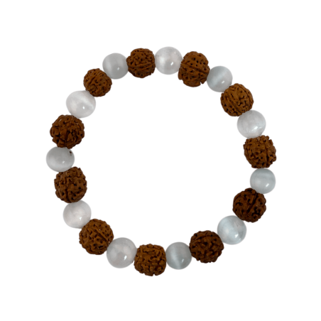 Pulsera Rudrasksha Natural con Selenita 8mm - Limpieza y Energía Positiva