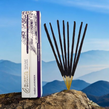 Tămâie organică cu lavandă TULASI de Blissful Botanics - Artizanală naturală - Lavandă inspiratoare - 8 bețișoare de tămâie orga