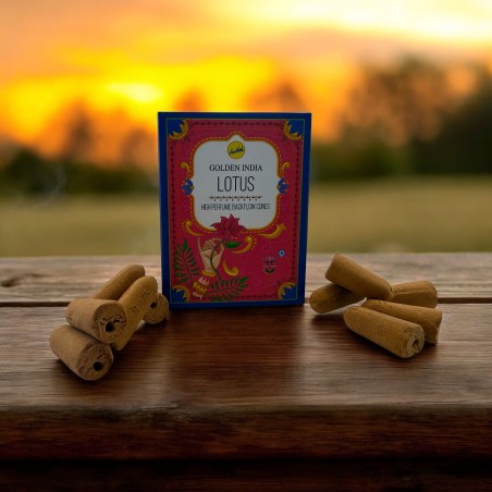 Conuri de tămâie cu refluxul lotus SREE VANI Golden India - Pachet de 10 conuri de floare de lotus cu refluxul negru