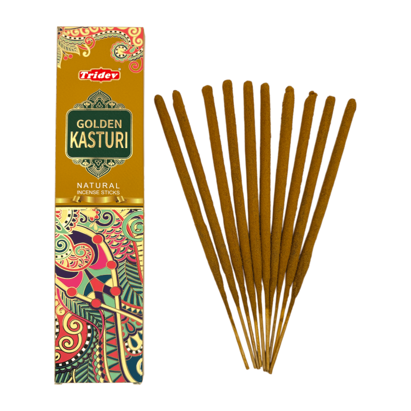 Encens Tridev Golden Kasturi Natural Incense Sticks - 10 varetes extra gruixudes-INCENS TRIDEV-HOSTENATURA
