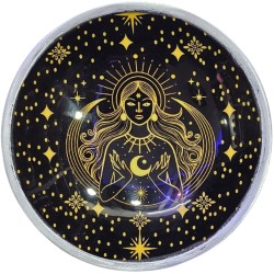 エナメル加工の供物皿 三脚 黄金の女神 黒 16x4cm