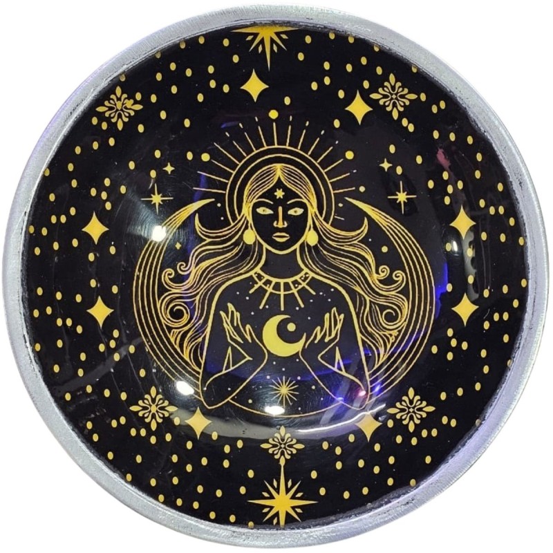 Emaillierter Opferteller, dreibeinige goldene Göttin auf schwarzem Grund, 16 x 4 cm-KESSEL UND SCHALEN FÜR RITUALE-HOSTENATURA