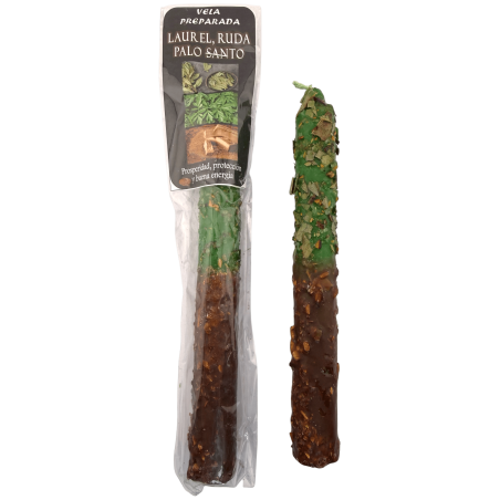 Rytualna świeca przygotowana z wawrzynem, rutą i palo santo 18 cm – dobrobyt, ochrona i dobra energia