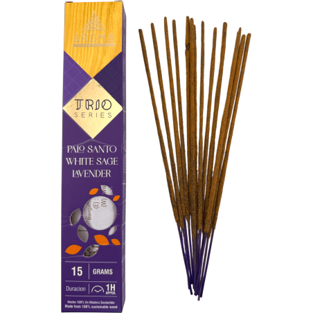 Trio de incensos AROMA Palo Santo, Sálvia Branca e Lavanda - Série Trio, 1 caixa de 15g.