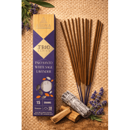 Trio de incensos AROMA Palo Santo, Sálvia Branca e Lavanda - Série Trio, 1 caixa de 15g.