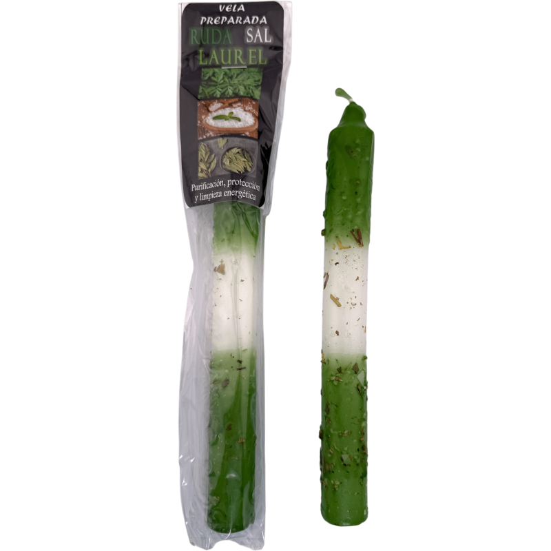 Ritualized Prepared Candle with Rue, Salt and Laurel 18cm - Purification, Protection and Energy Cleansing-Ritualized Candles - Prepared Candles-HOSTENATURA