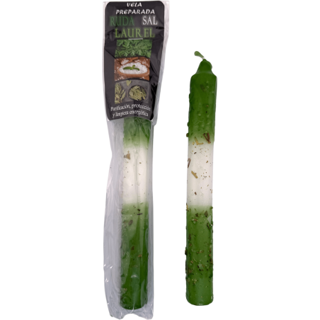 Vela Preparada Ritualizada Ruda, Sal y Laurel 18cm - Purificación, Protección y Limpieza energética
