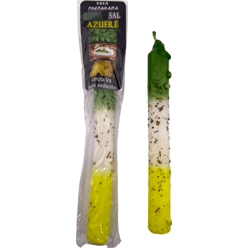 Ritualisierte Kerze mit Raute, Salz und Schwefel, 18 cm – Reinigt negative Umgebungen-Ritualisierte Kerzen – Vorbereitete Kerzen-HOSTENATURA