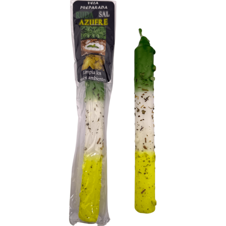 Vela ritualizada com arruda, sal e enxofre, 18 cm - Purifica ambientes negativos.