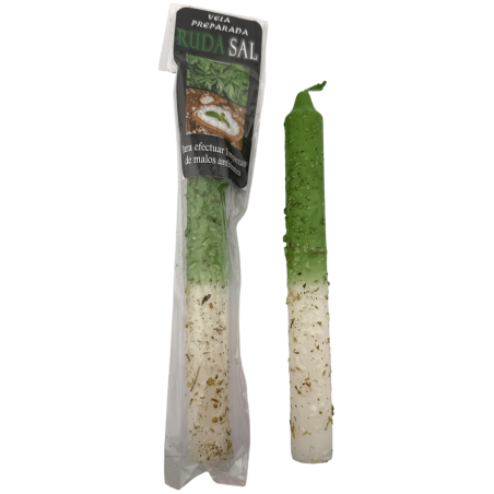 Vela Preparada Ritualizada Ruda y Sal 18cm - Para efectuar limpieza de malos ambientes