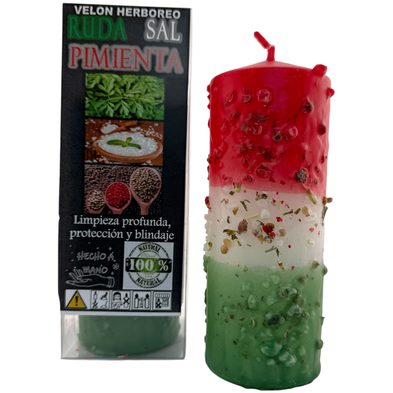 Rue, Salt och Peppar Örtljus - Esoteriskt Ljus 14x6cm - Djuprengörande, Skyddande och Avskärmande-Örtljus med syfte - Esoteriska ljus-HOSTENATURA