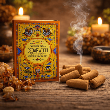 SREE VANI Golden India Cedar Backflow Incense Cones - Opakowanie 10 czarnych stożków kadzidełkowych