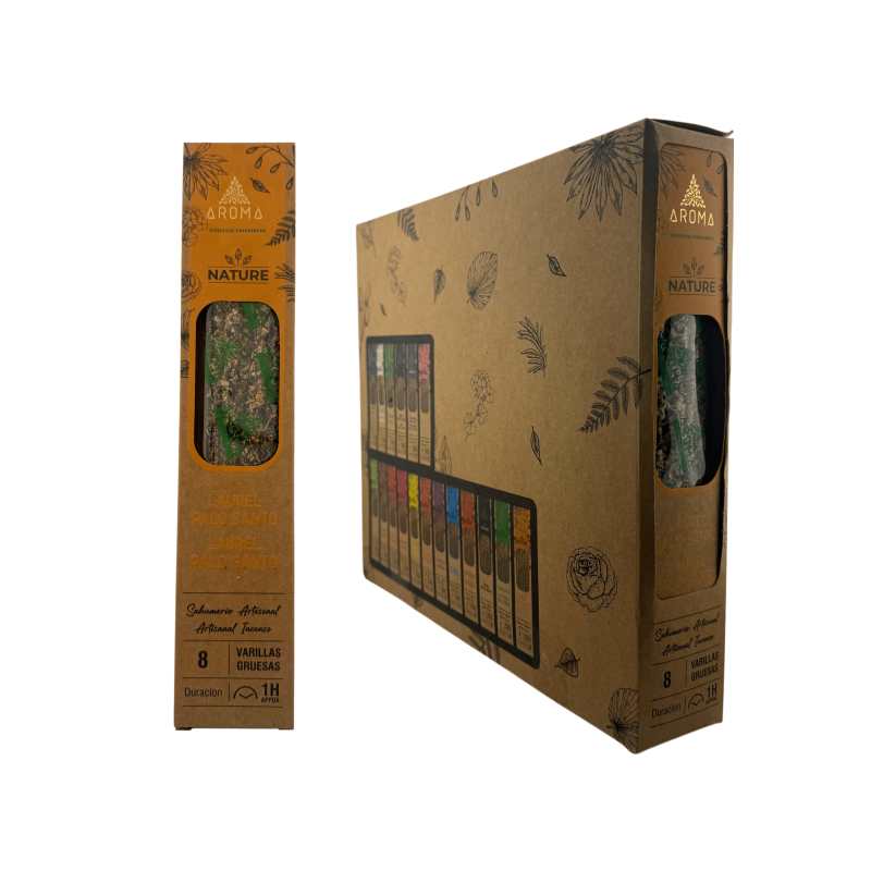 オーガニックお香ボックス ローレル パロサントAROMA Nature - 太めのスティック8本入りボックス12箱-AROMAネイチャーオーガニックお香ボックス-HOSTENATURA