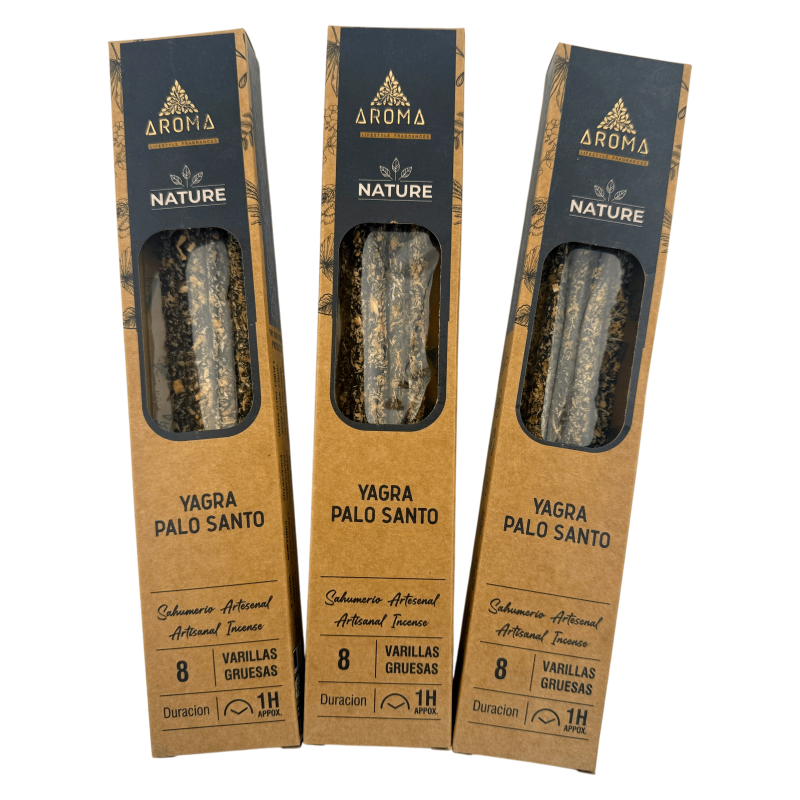 Pacote com 3 incensos orgânicos Yagra Palo Santo AROMA Nature - 8 varetas, duração de 1 hora-Pacotes econômicos de incenso orgânico AROMA Nature-HOSTENATURA