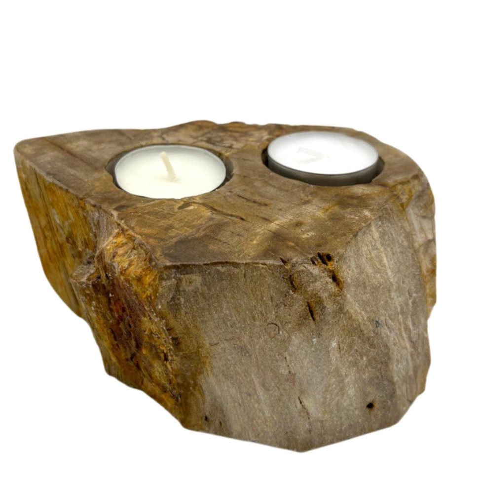 Portavelas de Madera Petrificada - Doble-WOODEN CANDLE HOLDER-HOSTENATURA