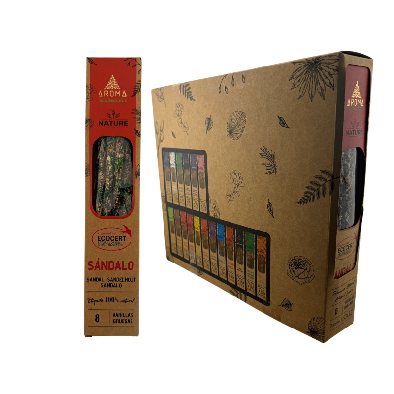 AROMA Nature Biologische Sandelhout Wierookdoos - 12 doosjes van 8 dikke stokjes-AROMA Nature Biologische Wierookdoosjes-HOSTENATURA