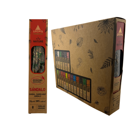 Caja Incienso Orgánico Sándalo AROMA Nature - 12 cajitas de 8 barritas gruesas