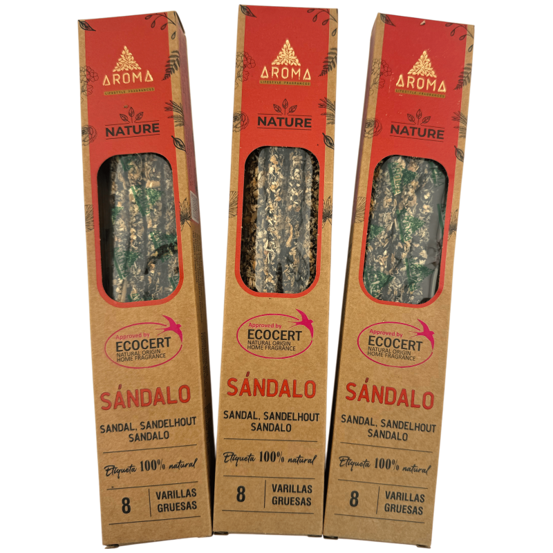 Confezione di incenso biologico al sandalo AROMA Nature - 8 bastoncini, durata 1 ora-Confezioni risparmio di incenso biologico AROMA Nature-HOSTENATURA
