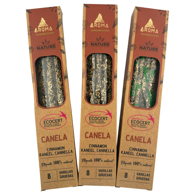 オーガニックシナモンお香 3本セットAROMA Nature - スティック8本入り、持続時間1時間-AROMAネイチャーオーガニックお香のお得なパック-HOSTENATURA